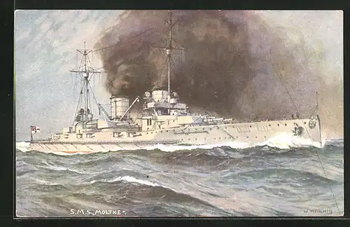 Künstler-AK Kriegsschiff SMS Moltke unter Volldampf
