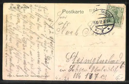 Künstler-AK Kriegsschiff SMS Moltke bei glatter See