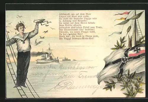 AK Matrose in den Wanten eines Kriegsschiffes, Reichskriegskriegsflagge