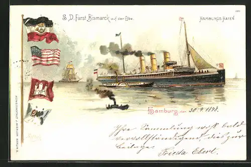 Lithographie Passagierschiff Fürst Bismarck auf der Elbe