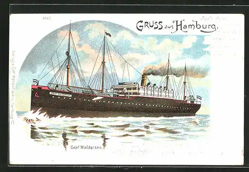 Lithographie Passagierschiff Graf Waldersee in voller Fahrt