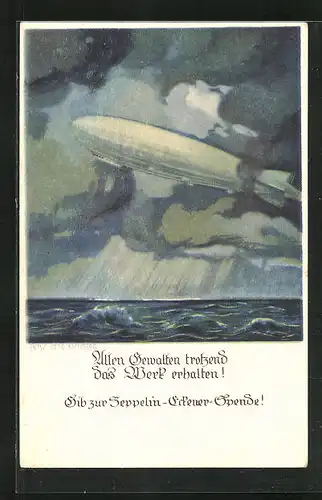 Künstler-AK Otto Amtsberg: Zeppelin über unruhiger See
