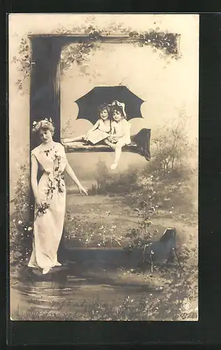 AK Frau im Kleid und Kinder mit Schirm am Buchstaben E