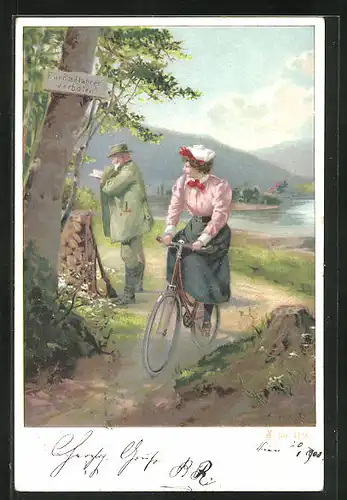 AK Frau auf einem Fahrrad begegnet Jäger