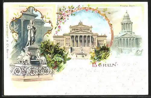 Lithographie Berlin, Königliches Schauspielhaus am Gendarmenmarkt, Schiller Denkmal, Franz. Dom