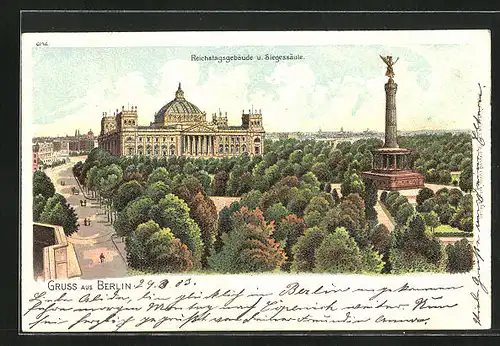 Künstler-AK Berlin-Tiergarten, Reichstagsgebäude und Siegessäule