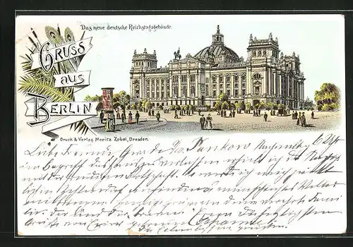 Vorläufer-Lithographie Berlin-Tiergarten, 1895, Das neue deutsche Reichstagsgebäude