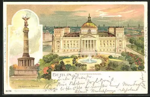 Lithographie Berlin-Tiergarten, Reichstaggebäude, Friedens-Säule