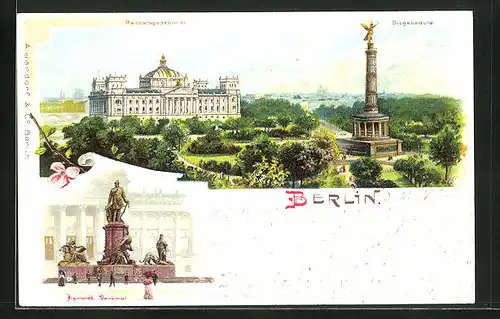 Künstler-AK Berlin, Reichstagsgebäude mit Siegessäule, Bismarck Denkmal