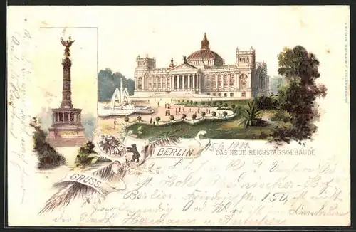 Künstler-AK Berlin-Tiergarten, Das neue Reichstagsgebäude, Siegessäule