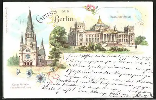 Künstler-AK Berlin-Tiergarten, Reichstagsgebäude, Kaiser Wilhelm Gedächtniskirche