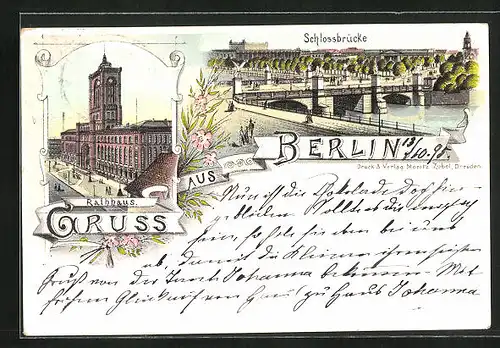 Vorläufer-Lithographie Berlin, 1895, Königstrasse mit Schlossbrücke und Rathaus