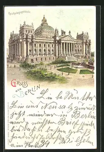 Lithographie Berlin-Tiergarten, Reichstagsgebäude mit Anlagen