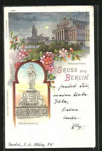 Lithographie Berlin, Schauspielhaus und Schillerdenkmal, Gendarmenmarkt