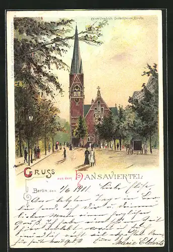 Lithographie Berlin-Tiergarten, Kaiser Friedrich Gedächtnis-Kirche im Hansaviertel