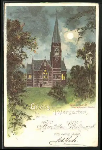 Lithographie Berlin-Tiergarten, Kaiser Friedrich Gedächtnis-Kirche im Mondschein