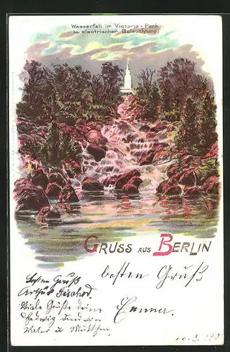 Lithographie Berlin-Kreuzberg, Wasserfall im Viktoriapark bei elektrischer Beleuchtung