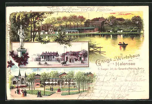 Lithographie Berlin-Halensee, Gasthaus am Halensee, Bootsverleih