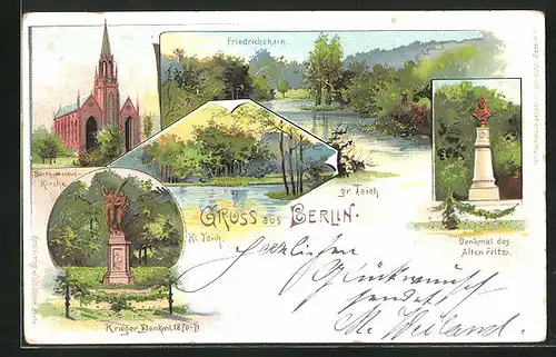Lithographie Berlin-Friedrichshain, Bartholomäus-Kirche, Denkmal des alten Fritz