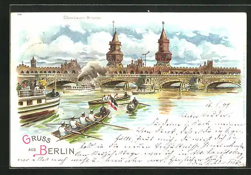 Lithographie Berlin-Friedrichshain, Oberbaum-Brücke, Ruderverein