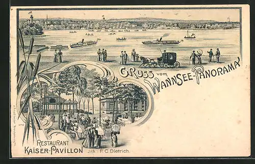 Lithographie Berlin-Wannsee, Restaurant Strand-Pavillon, Wannsee-Panorama