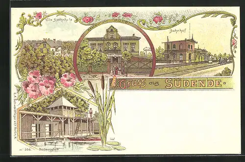 Lithographie Berlin-Südende, Restaurant Müller, Bahnhof, Villa Spohnholz