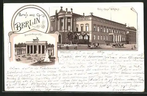 Vorläufer-Lithographie Berlin, 1895, Palais Kaiser Wilhelm I., Brandenburger Tor