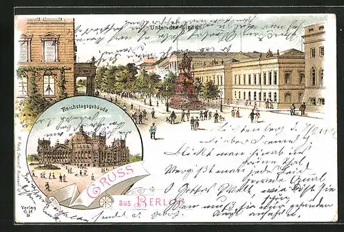 Lithographie Berlin, Unter den Linden mit Denkmal, Reichstagsgebäude