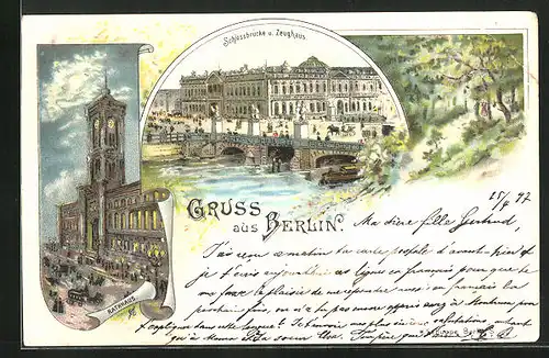 Lithographie Berlin, Schlossbrücke und Zeughaus, Rathaus bei Mondschein