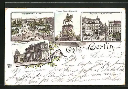 Lithographie Berlin, Café Bauer Unter den Linden, Leipziger Platz und Strasse, Denkmal Friedrich Wilhelm`s III.