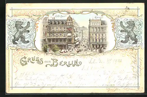 Künstler-AK Berlin, Café Bauer und Café Kranzler mit Pferdewägen