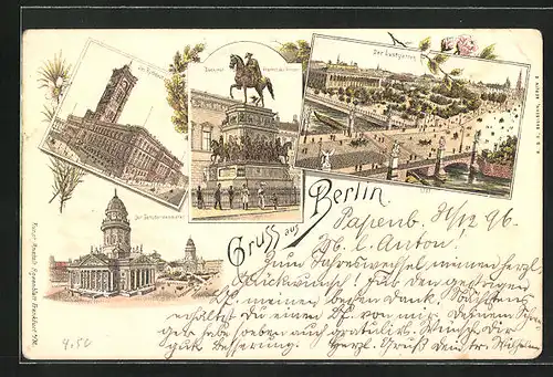 Lithographie Berlin, Lustgarten, Denkmal Friedrich des Grossen, Gendarmenmarkt