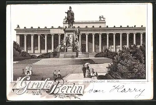 Lithographie Berlin, Das königliche Museum mit Denkmal