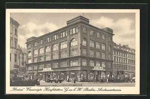 AK Berlin-Friedrichshain, Uniion Vereinigte Kaufstätten G. m. b. H., Andreasstrasse