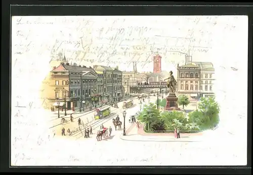 Lithographie Berlin, Alexanderplatz mit Strassenbahn