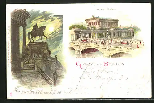 Lithographie Berlin, Museumsinsel mit Nationalgalerie und Kaiserdenkmal