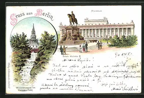 Lithographie Berlin, Königl. Museum, Denkmal und Victoria-Luise-Park