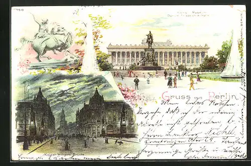 Lithographie Berlin, Königl. Museum, Kaiser-Wilhelm-Brücke und Denkmal