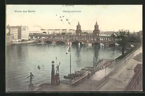 AK Berlin-Friedrichshain, Flusspartie an der Oberbaumbrücke