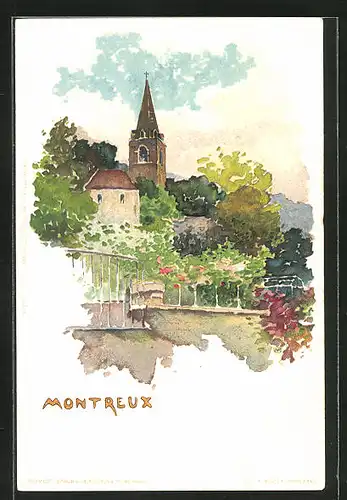 Künstler-AK Montreux, Ortspartie mit Kirche