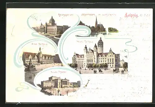 AK Leipzig, Altes und Neues Rathaus, Reichsgericht, Neues Theater, Johannapark mit Lutherkirche