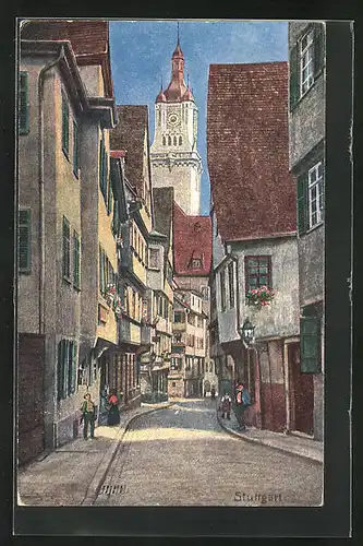 Künstler-AK Stuttgart, Strassenpartie in der Altstadt