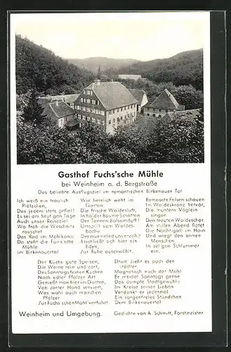 AK Weinheim an der Bergstrasse, Gasthof Fuchs`sche Mühle mit Gedichte