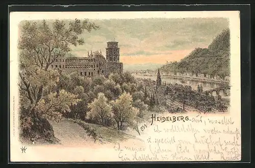 Lithographie Heidelberg, Teilansicht mit Neckar und Schloss