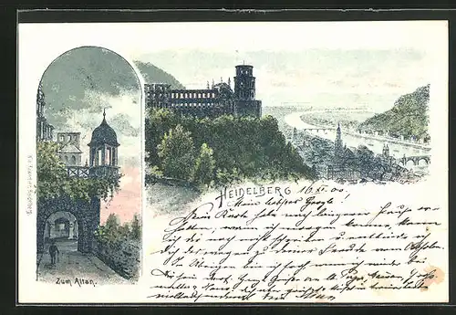 Lithographie Heidelberg, Teilansicht mit Schloss, Zum Altan