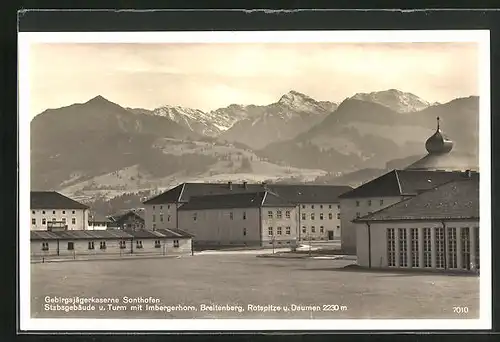 AK Sonthofen, Gebirgsjägerkaserne - Stabsgebäude und Turm mit Imbergerhorn, Breitenberg, Rotspitze und Daumen