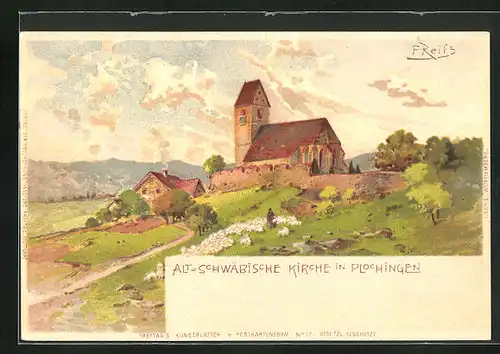 Lithographie Plochingen, Alt-Schwäbische Kirche