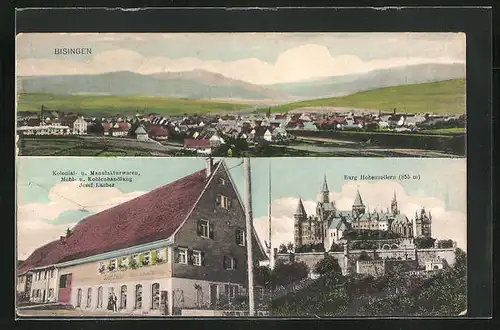 AK Bisingen, Gesamtansicht, Burg Hohenzollern, Kolonialwaren Josef Lacher