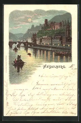 Lithographie Heidelberg, Blick über den Neckar zum Schloss