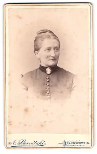 Fotografie A. Sternitzki, Braunschweig, Steinweg 10, Portrait bildschöne Dame mit Brosche am Kleiderkragen